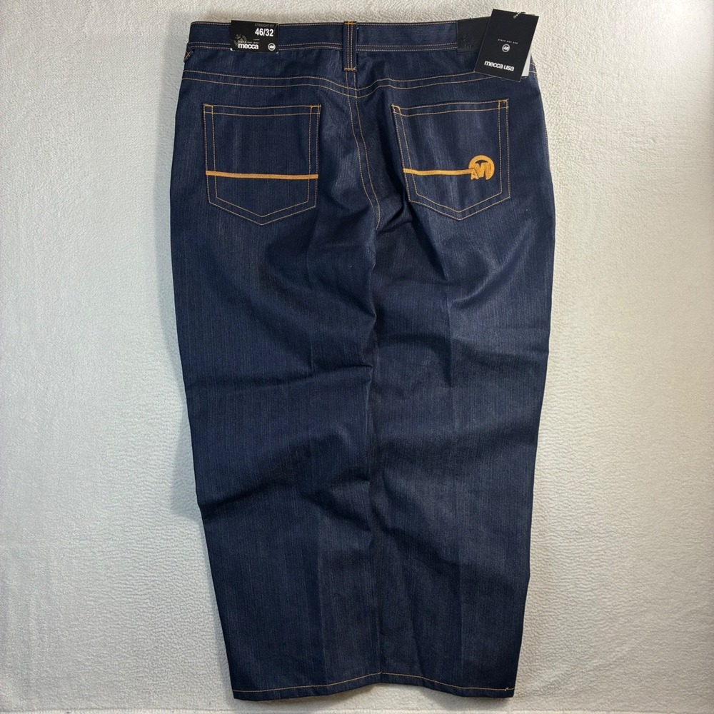 Y2K Mecca Baggy Jeans Men 46x32 Blue Raw Denim Embroidered Wide Leg Skater NWT